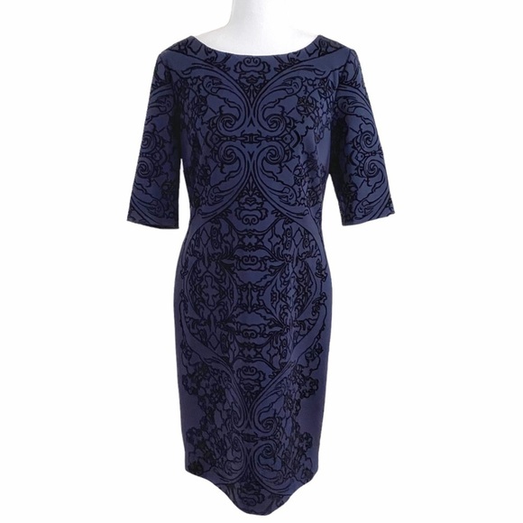 Tahari Arthur S. Levine Blue Brocade Velvet Short Sleeve Midi Dress - Picture 1 of 10